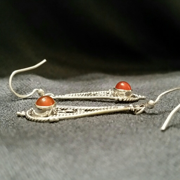 925 Silver Filigree Carnelian Hook Earrings - Picture 5 of 6